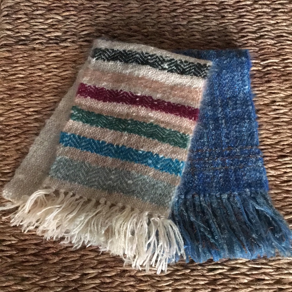 Wool boucle oblong scarves. Lot of 2. 1 cream and 1 blue. Fringed. Approx. 66”